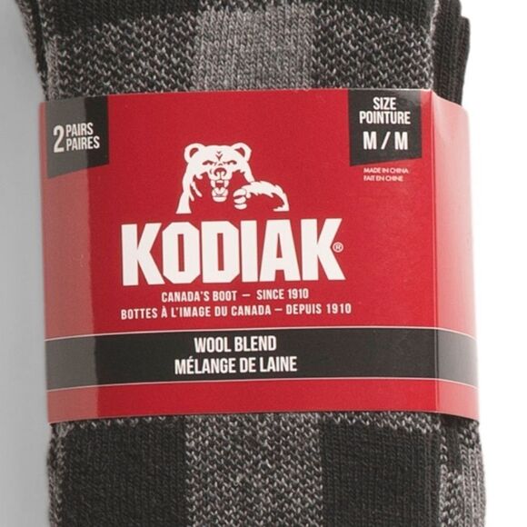 KODIAK Thermal Black White Gray M US W 4-10 Buffalo Plaid Wool Boot Socks 2 pk - Picture 2 of 6